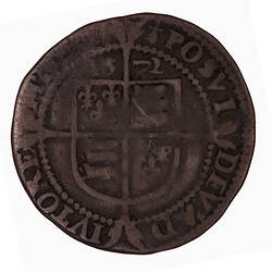 Coin, round, at centre within a beaded circle and over long cross fourchee, a quartered shield.