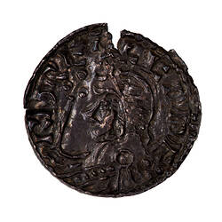 Coin, round, Diademmed bust of the King facing left with a sceptre in front; text around, + EDDERD REX.