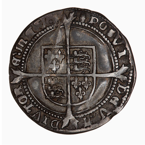 Coin, round, Royal shield, quartered with the arms of England and France on a cross fourchee; text around.
