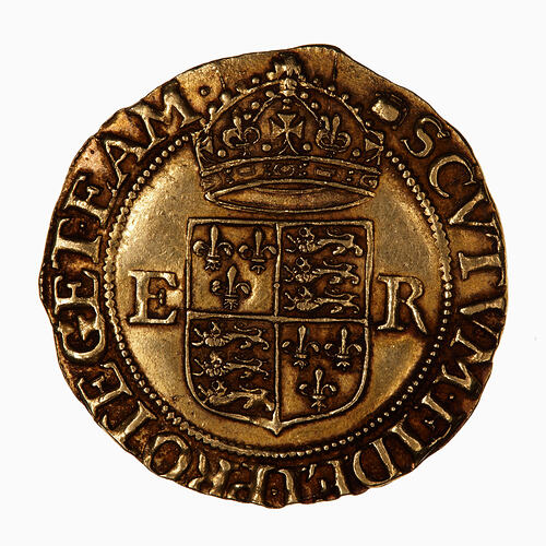 Coin, round, Within a bead circle a plain square top shield quartered with the arms of France and England.