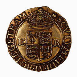 Coin, round, Within a bead circle a plain square top shield quartered with the arms of France and England.