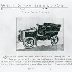 Page from catalogue: Steam touring car.