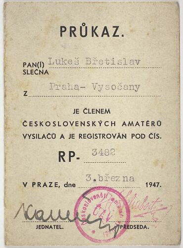Membership Card - 'Ceskoslovensti Amateri Vysilaci' (CAV), Radio Club