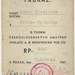Membership Card - 'Ceskoslovensti Amateri Vysilaci' (CAV), Radio Club