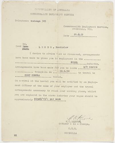 Letter - Commonwealth Employment Service, 21 Jun 1950