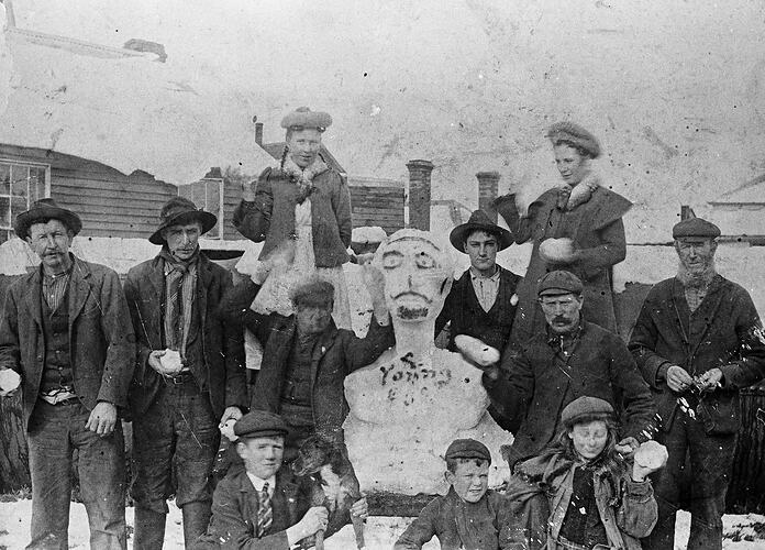 Negative - Group With a Snowman, Ballarat, Victoria, 1902