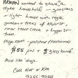 Advertisement - 'Woman Wanted', Share House, Brunswick, 2001