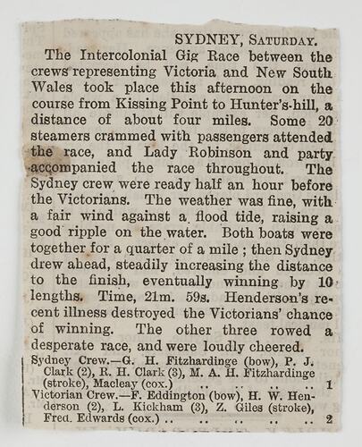 Newspaper Clipping - 'Intercolonial Gig Race', from Diary of David Yuile, 1872