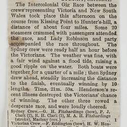 Newspaper Clipping - 'Intercolonial Gig Race', from Diary of David Yuile, 1872