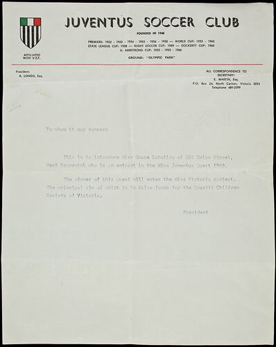 Letter of Introduction - Miss Grace Sabatino, Miss Juventus Charity Quest, Juventus Soccer Club, 1969