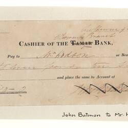 Cheque - John Batman, Tamar Bank, Derwent Branch, Victoria, Australia, 9 Apr 1838
