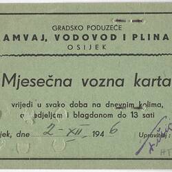 Monthly Tram Ticket - Osijek,  Croatia, Dec 1946