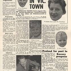 Old newspaper clipping with text and images of faces.
