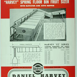 Red and white back cover with black text. Features fruit size sorting machine.