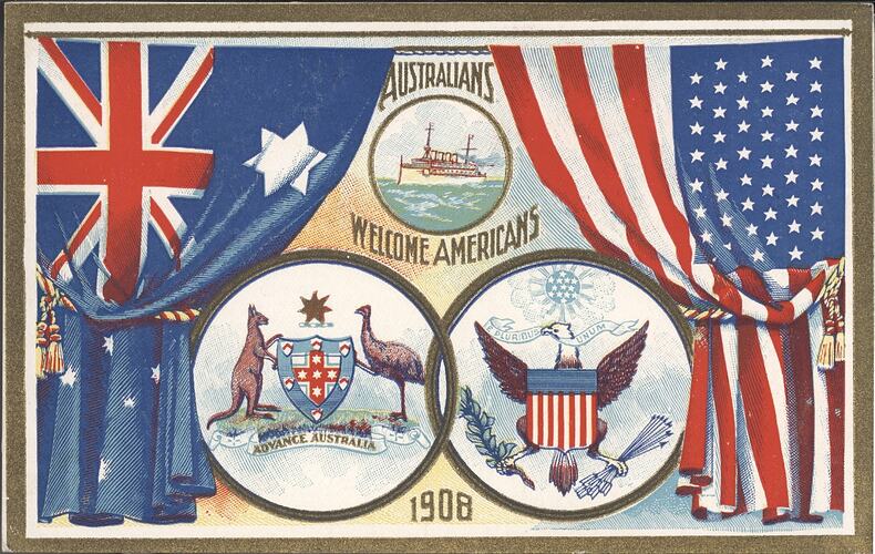 Ship in top centre, Australian and US coat of arms below, and Australian and US flag hanging on either side.