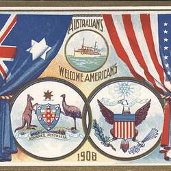 Ship in top centre, Australian and US coat of arms below, and Australian and US flag hanging on either side.