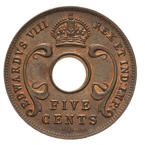 Coin - 5 Cents, British East Africa, 1936