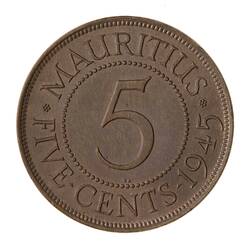 Coin - 5 Cents, Mauritius, 1945