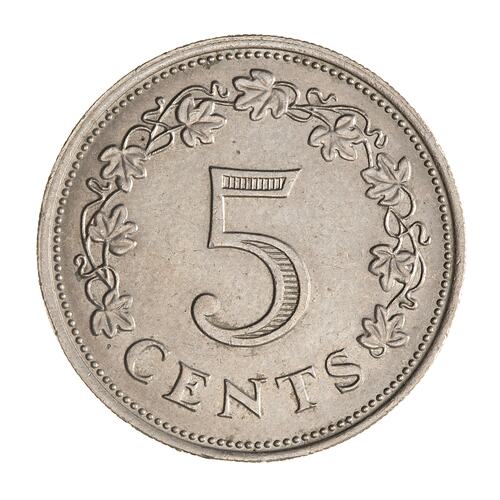 Coin - 5 Cents, Malta, 1972
