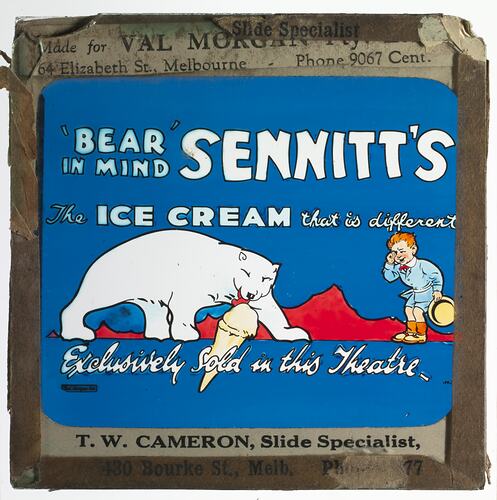 Lantern Slide - 'Sennitt's the Ice Cream That is Different', Coloured Ad, for Use With BANZARE Lantern Slides & Film, circa 1929-1940