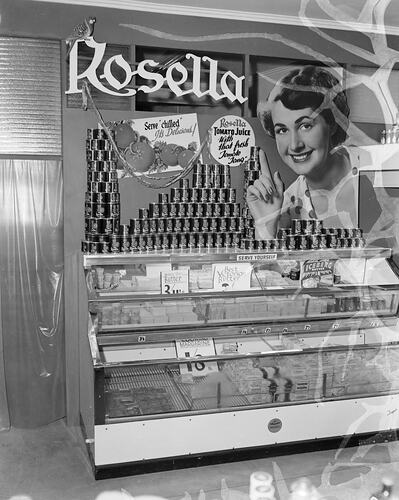 Negative - Rosella Preserving Co Ltd, Advertising Sign & Display in a Grocery Store, Victoria, Oct 1953