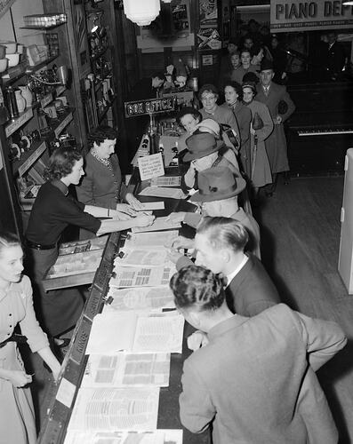 Negative - Glen's Pianos, People Buying Event Tickets, Melbourne, Victoria, May 1954