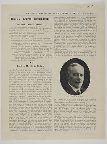 Newspaper Cutting - Victorian Chamber of Manufactures' Gazette, H.V. McKay Obituary, 25 May 1926