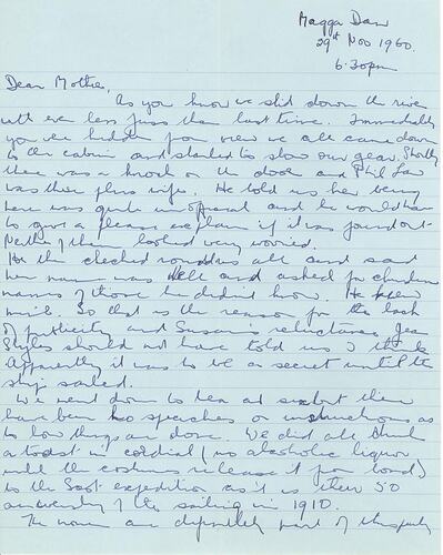 Letter - From Hope Macpherson to her Mother During Expedition to Antarctic, 29 Nov 1960