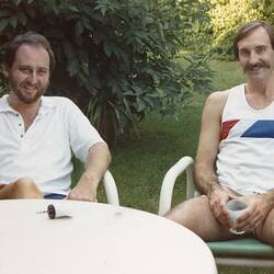 Digital Photograph - Two Men Sharing Bottle of Wine in Backyard, circa 1988