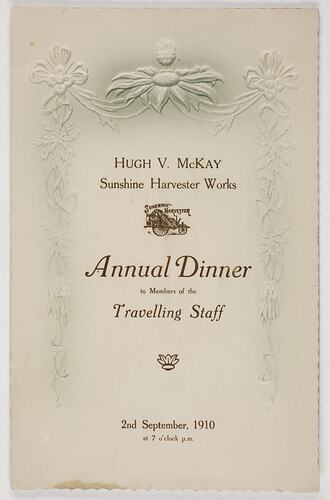 Programme - Dinner for Travelling Staff of H. V. McKay, 2 Sep 1910