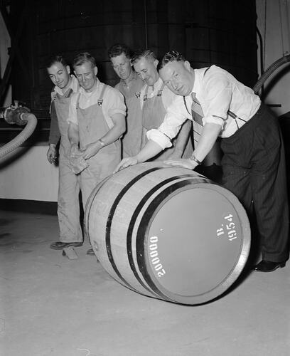 Five Men with a Barrel, Geelong, Victoria, Sep 1954