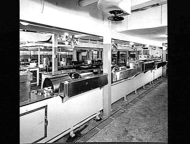 Ship interior. Main kitchen galley. First class hot presses.