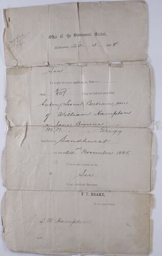 Certificate with printed text and handwritten entries in black ink.