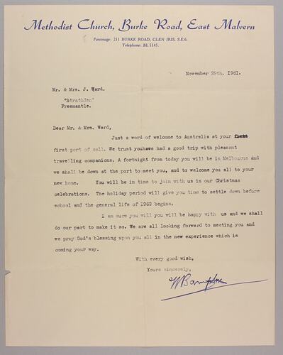 Letter - To Mr & Mrs Ward from Methodist Church, Burke Road, East Malvern, 29 Nov 1961