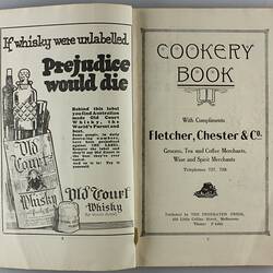 Book - 'With Compliments from Fletcher, Chester & Co', Cookery Book, Melbourne, circa 1929