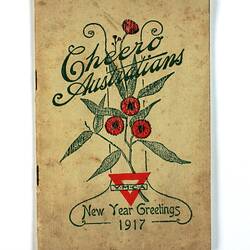 Booklet with green text and plant stalk with red flowers above a red upside-down triangle.