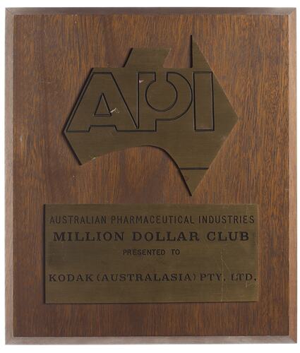Plaque - Australian Pharmaceutical Industries, Million Dollar Club, Kodak (Australasia) Pty Ltd