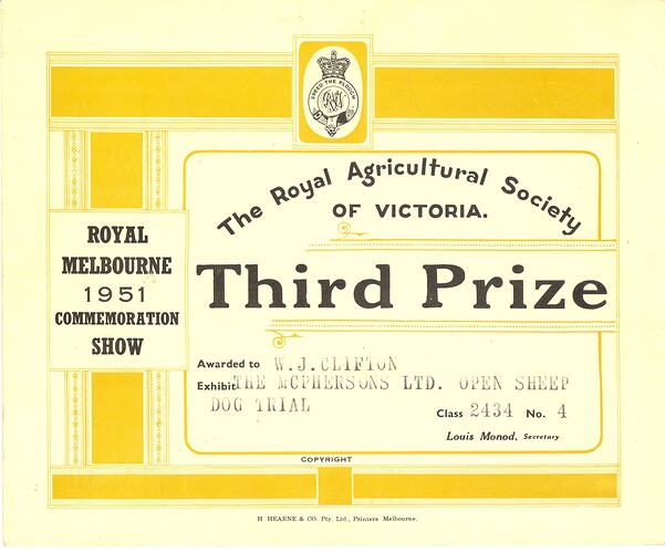 Prize Certificate - Third Place, 'Open Sheep Dog Trial',  Royal Melbourne Commemoration Show, 1951
