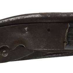 Metal folding knife with wood handle, warn and rusted, folded position.