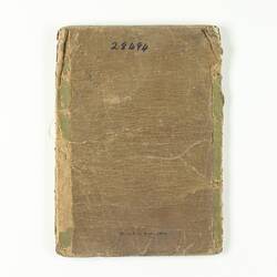 Brown book back cover, with worn, damaged edges.