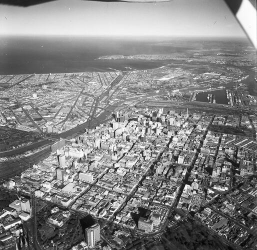 Monochrome aerial photograph of Melbourne.