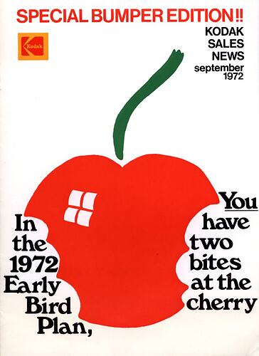 Magazine cover featuring cartoon apple and text.