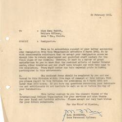 Letter - Receipt of Resignation, Esma Banner, International Refugee Organization, Munich, Germany, 22 Feb 1951
