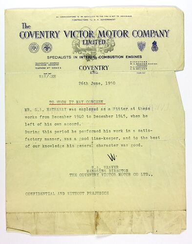 Letter - Employment Reference for Stanley Hathaway, Coventry Victor Motor Company, Coventry, 26 Jun 1950