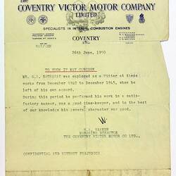 Letter - Employment Reference for Stanley Hathaway, Coventry Victor Motor Company, Coventry, 26 Jun 1950