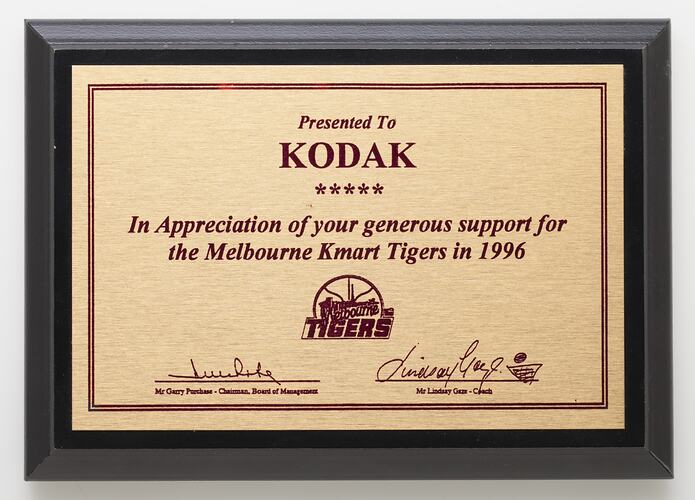 Plaque - Melbourne Kmart Tigers, Kodak (Australasia) Pty Ltd