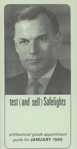 Leaflet cover with text and photograph of man.