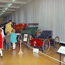 Visitors with transport display in Verdon Hall, Science Museum, Melbourne, 1970