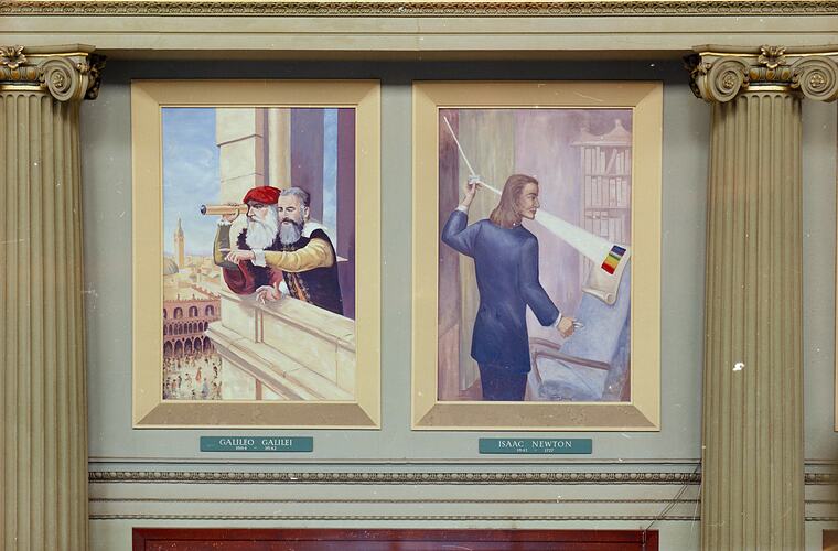 Portraits of scientists Galileo Galilei and Issac Newton in the Queen's Hall, Science Museum, Melbourne, 1970s
