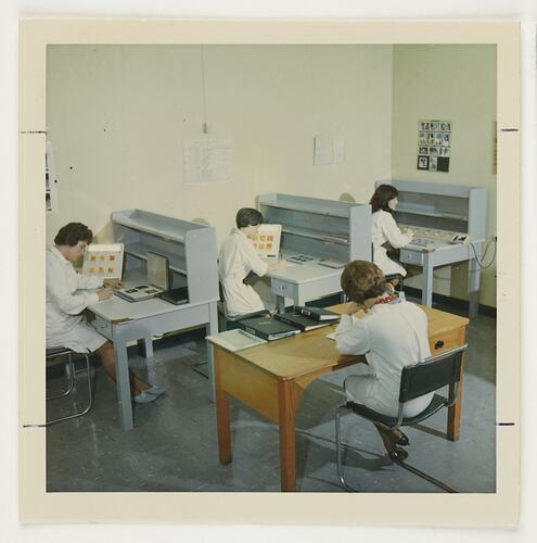 Slide 319, 'Extra Prints of Coburg Lecture', Trainees At Workstations, Kodak Factory, Coburg, circa 1960s